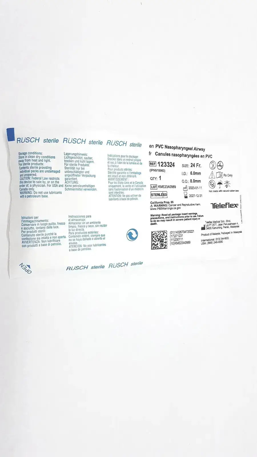 Rusch PVC Nasopharyngeal Airway Size 24 Fr. Ref: 123324 QTY 10
