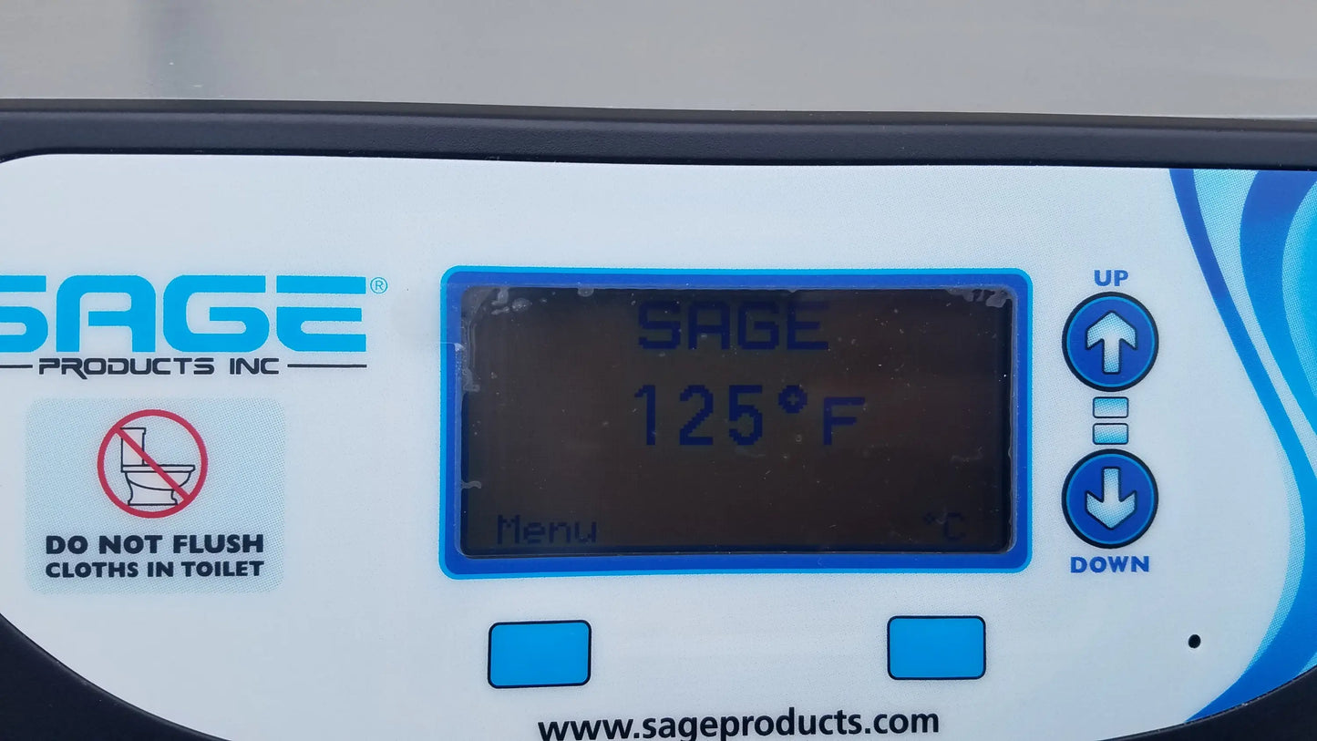 White and blue digital control panel on sage products inc 7938 comfort personal cleansing warmer for reuse medical equipment