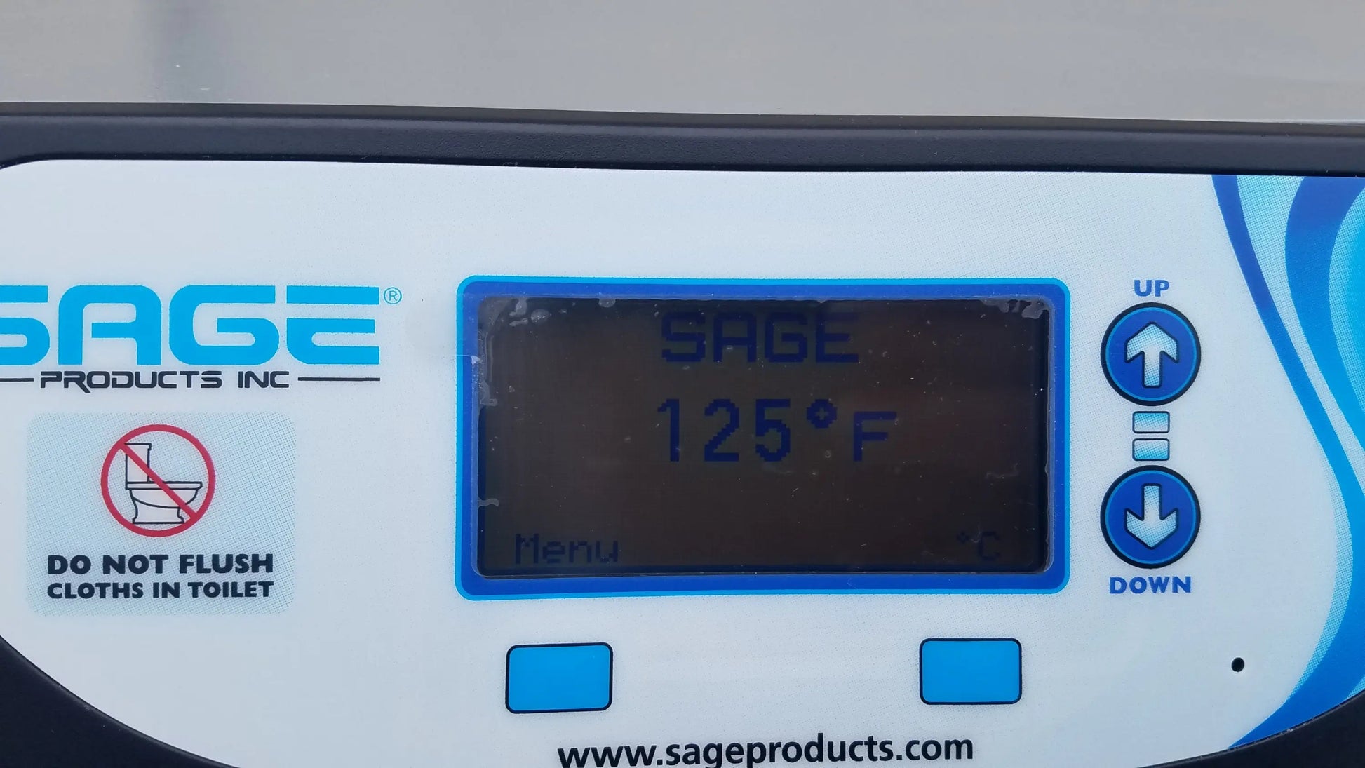 White and blue digital control panel on sage products inc 7938 comfort personal cleansing warmer for reuse medical equipment
