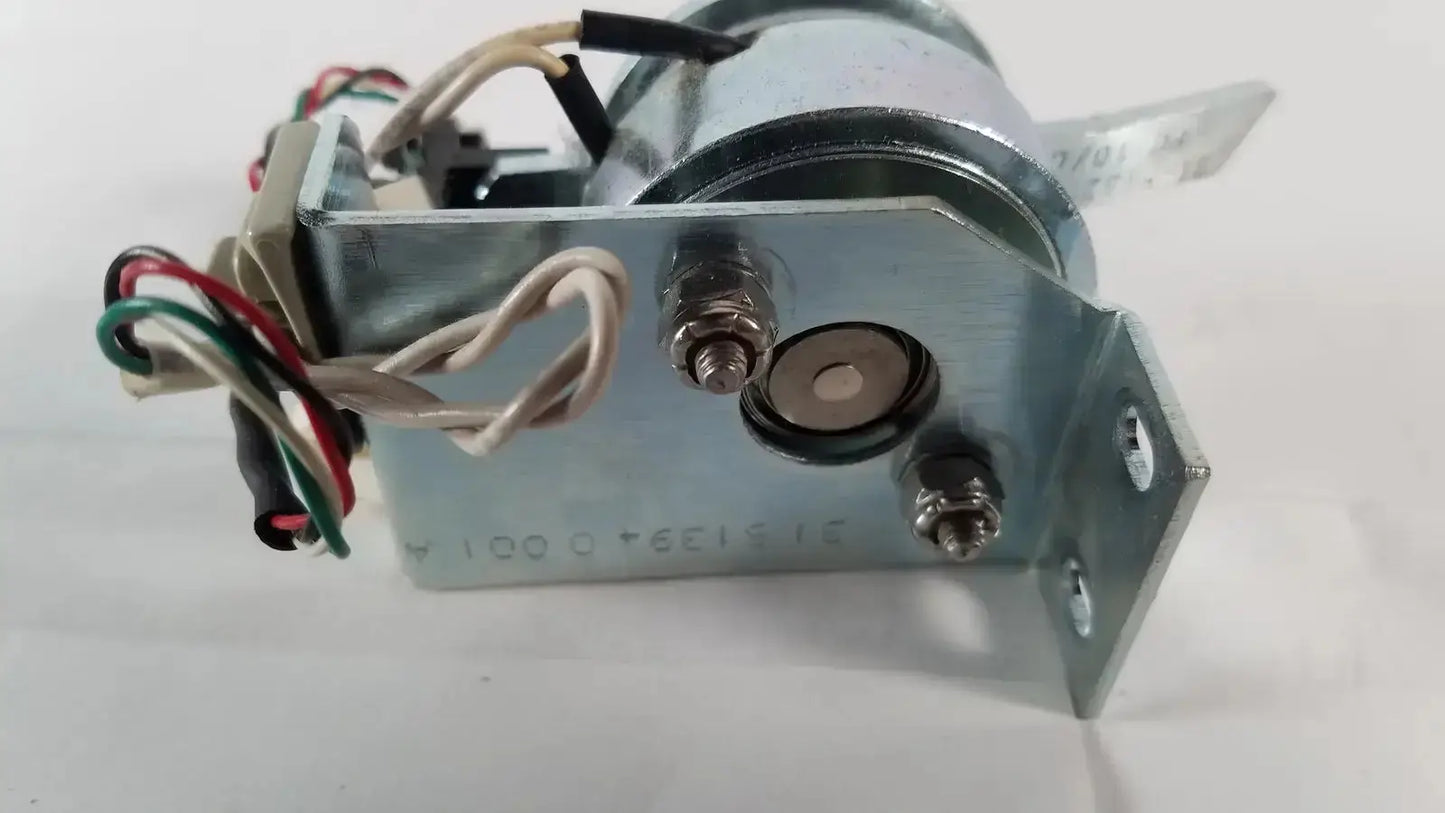 Silver-colored metal electrical solenoid with wiring and bracket from saia burgess ledex products hospital surplus