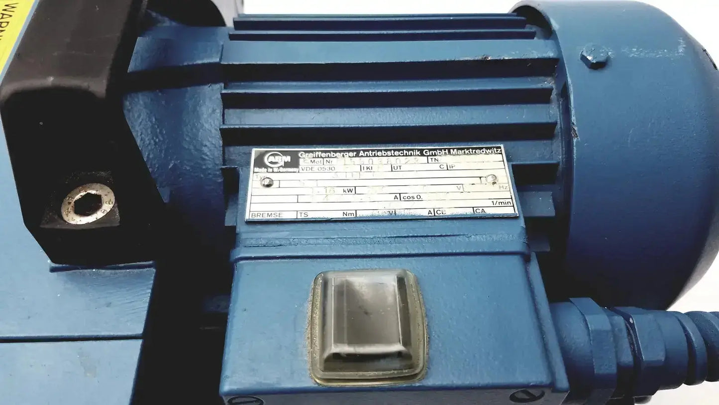 Blue industrial electric motor with metallic control panel and black cover for savant gel pump gp100 gel pump