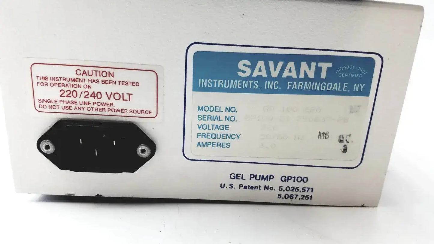 White savant gel pump gp100 with power plug and 220 240 volt caution label on back side of the gel pump
