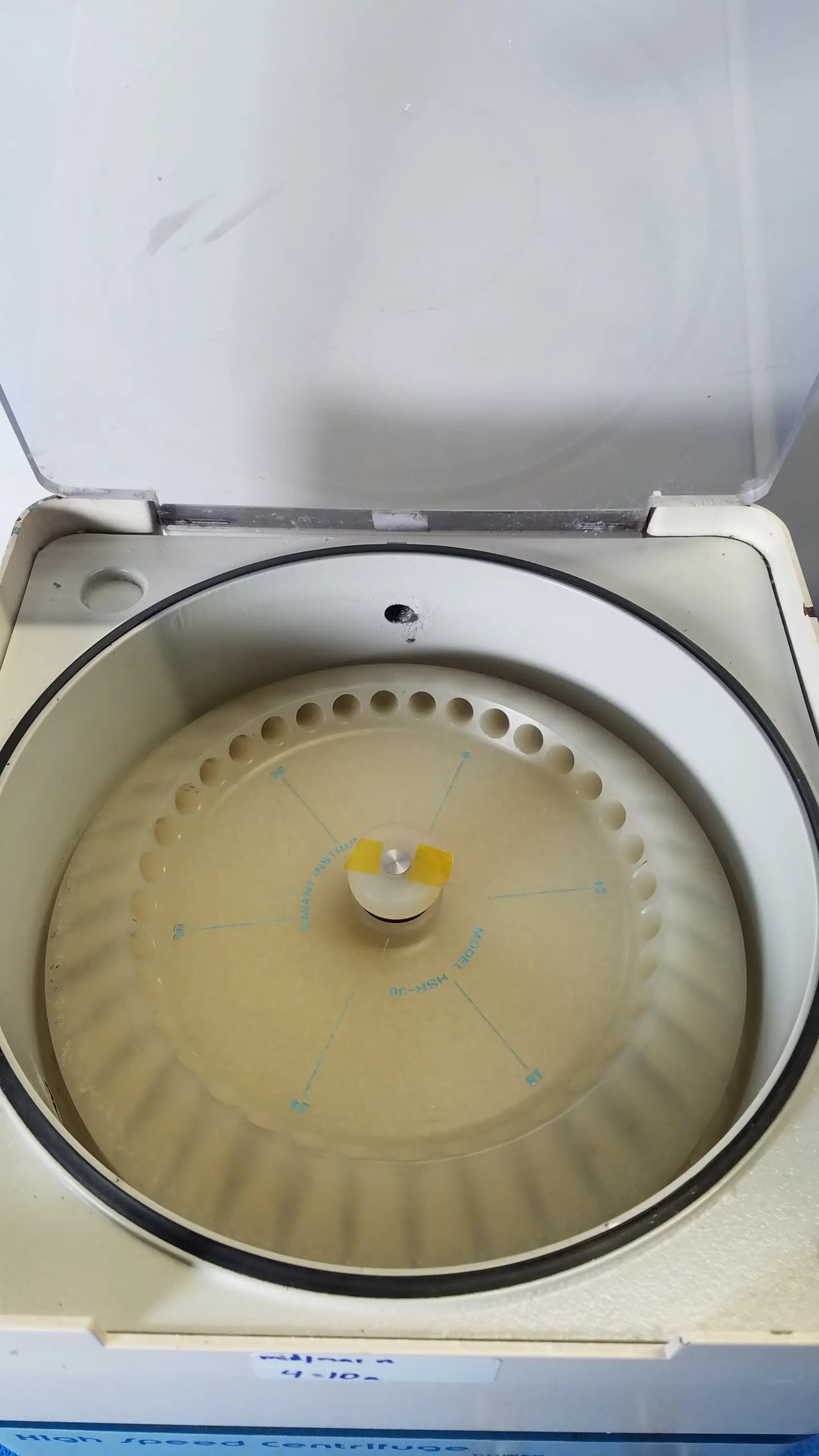 Beige savant hsc 10k-115 high speed centrifuge with clear lid and circular rotor chamber for medical equipment use