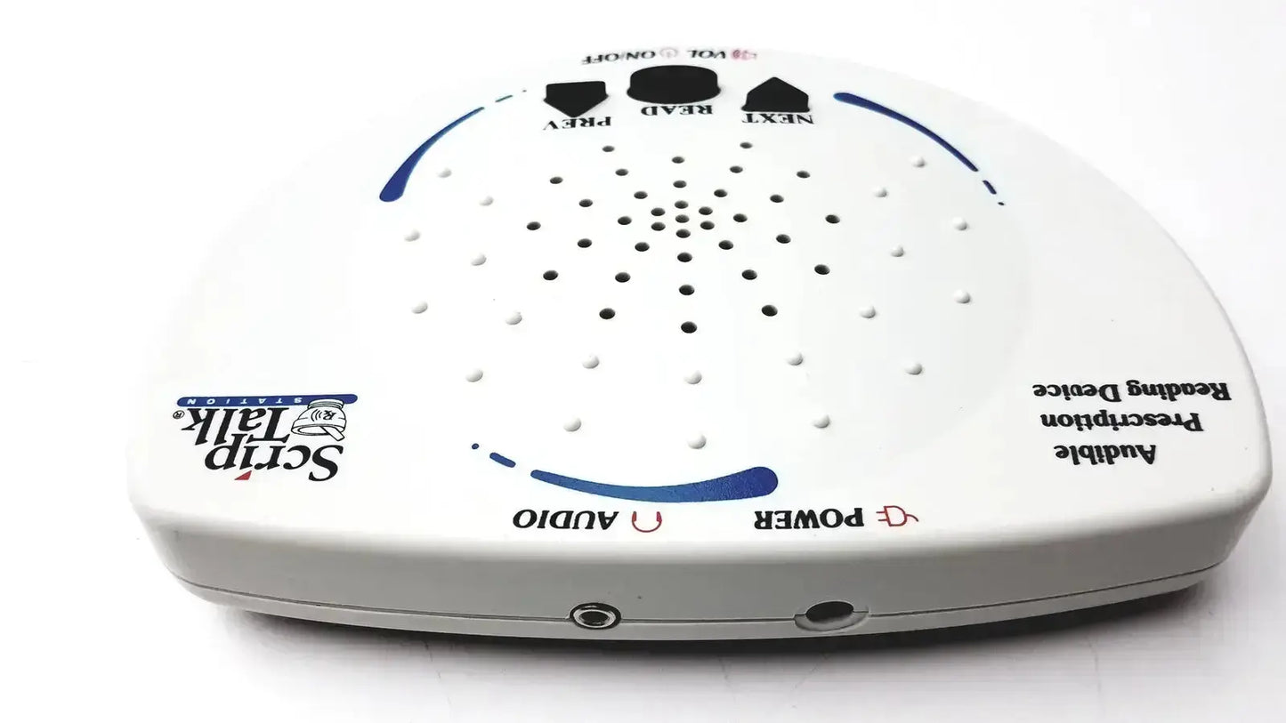 White plastic script talk prescription reading device with blue accents and control buttons for audible prescription reading
