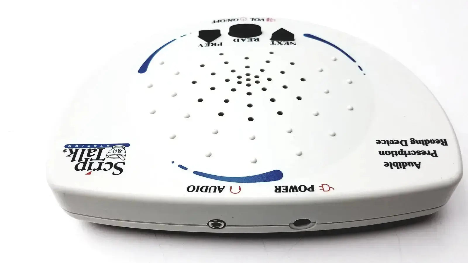 White plastic script talk prescription reading device with blue accents and control buttons for audible prescription reading