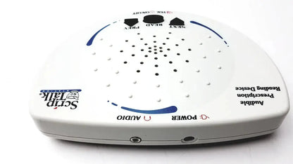 White plastic script talk prescription reading device with blue accents and control buttons for audible prescription reading