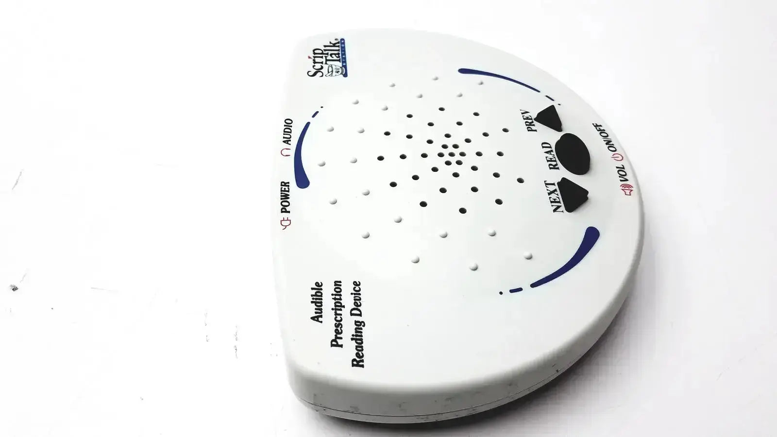 White plastic script talk station audible prescription reading device with black buttons and blue accents for prescription reading