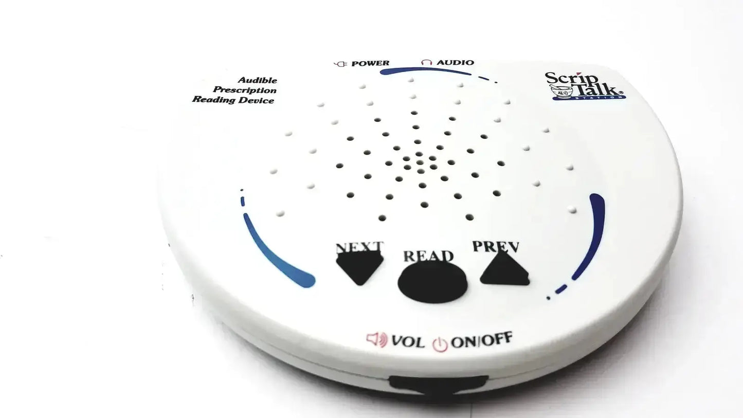 Script talk station 0203402 is a white circular prescription reading device with blue accents and black control buttons