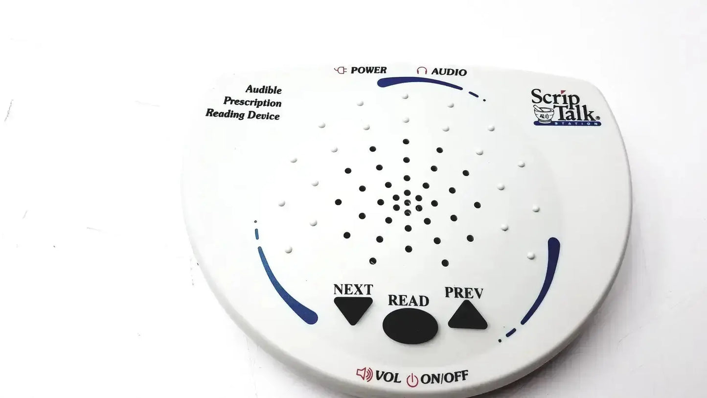 Script Talk Station 0203402 white circular prescription reading device with blue accents and black buttons for audible reading