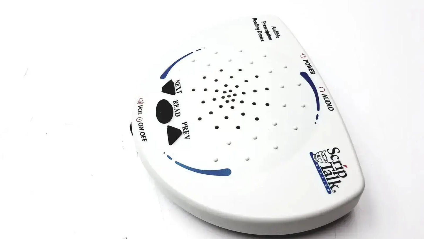 White plastic script talk station 0203402 audible prescription reading device with blue accents and black control buttons