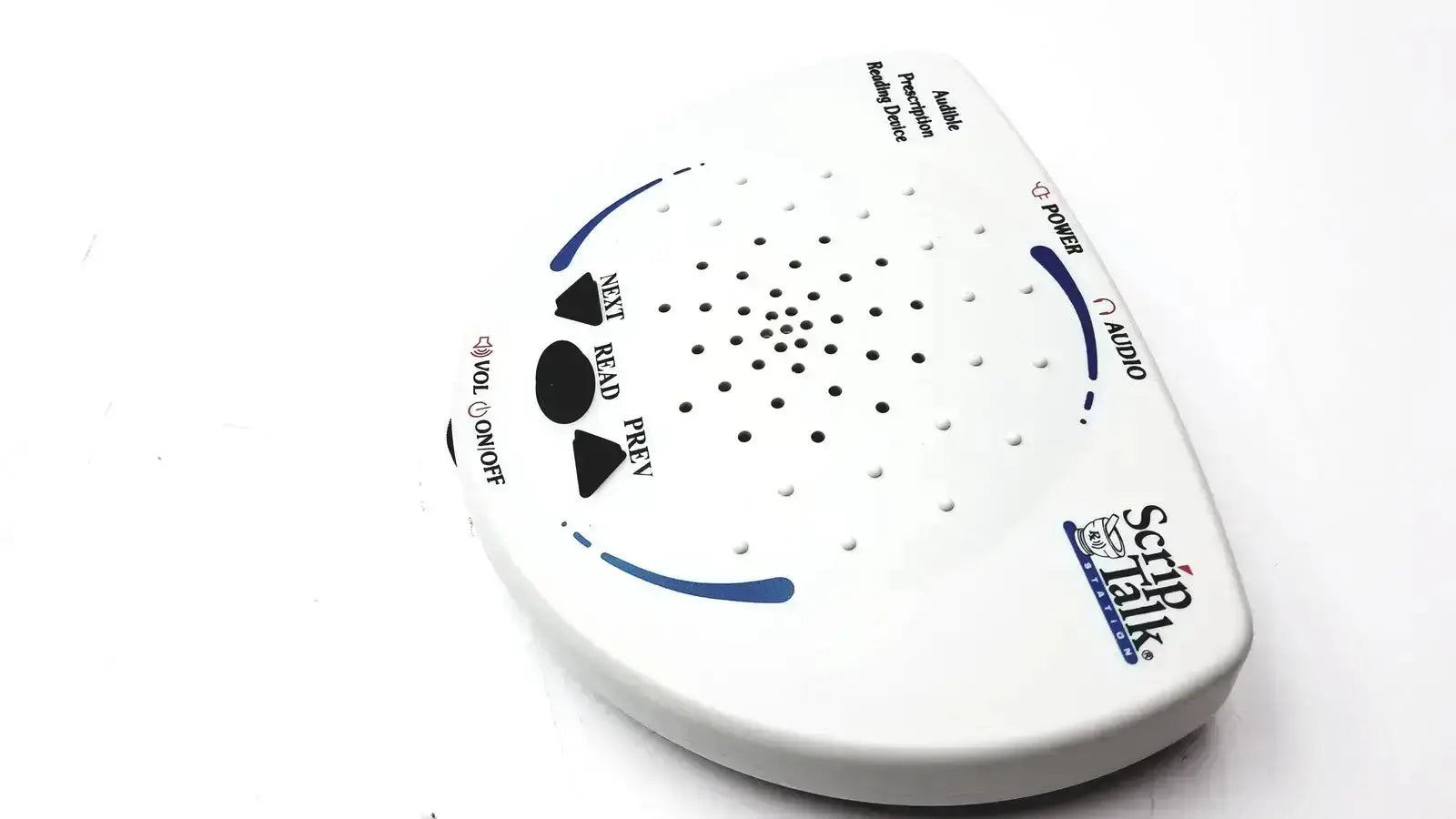 White plastic script talk station 0203402 audible prescription reading device with blue accents and black control buttons