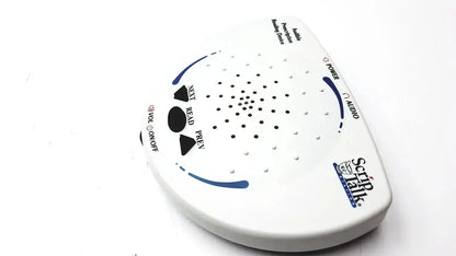 White plastic script talk station 0203402 audible prescription reading device with blue accents and black control buttons
