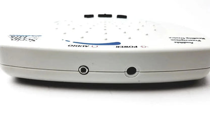 White plastic script talk station prescription reading device with black buttons and blue accent line for reading use