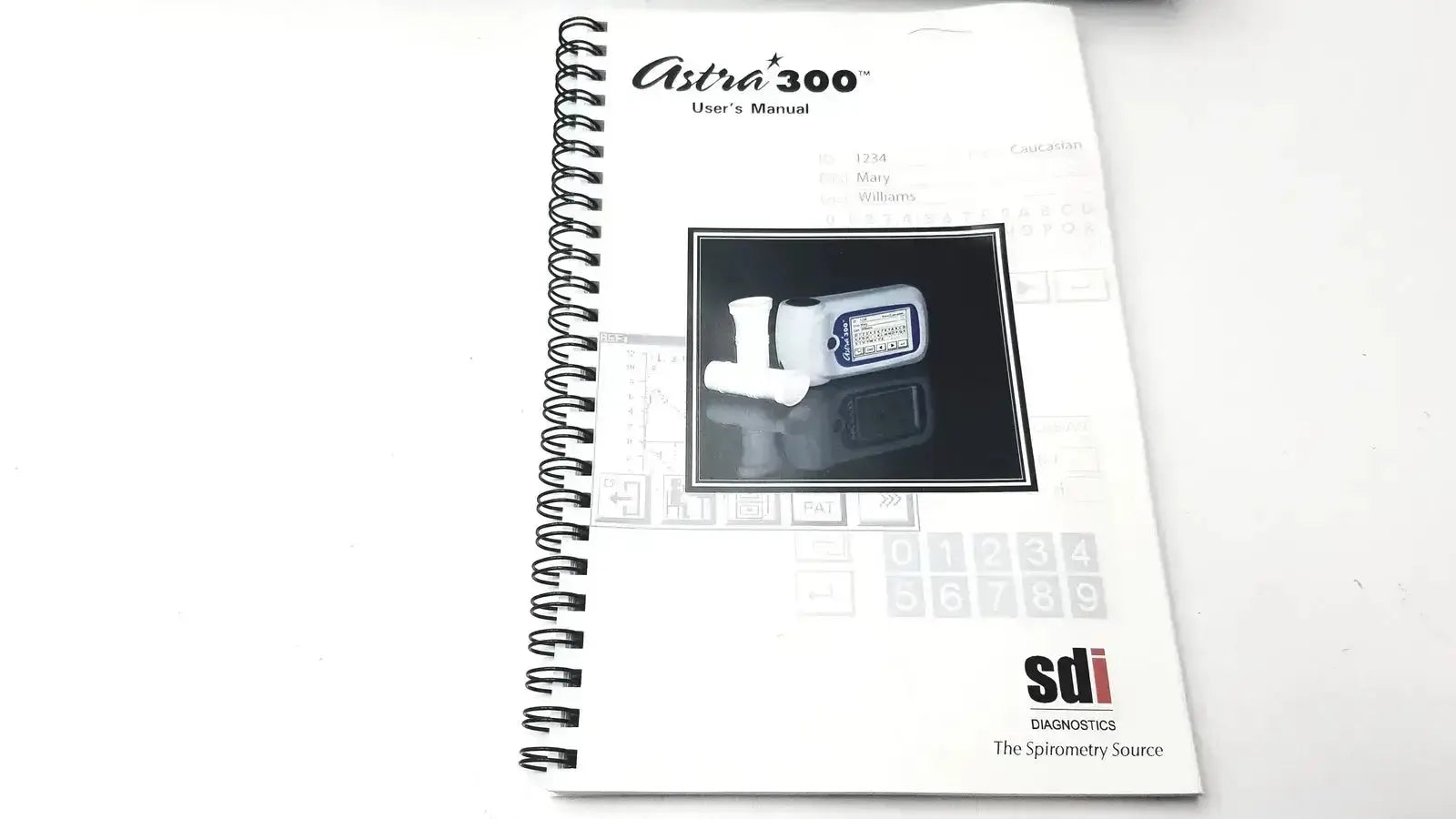 White spiral-bound user manual for the astra 300 spirometer by sdi diagnostics for buy used medical equipment
