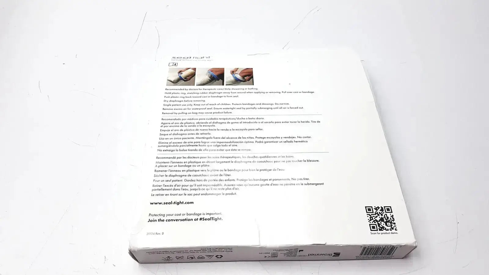 White cardboard box showing the back side of seal tight original cast tight original cast bandage protector reusable adult long leg 42 inch