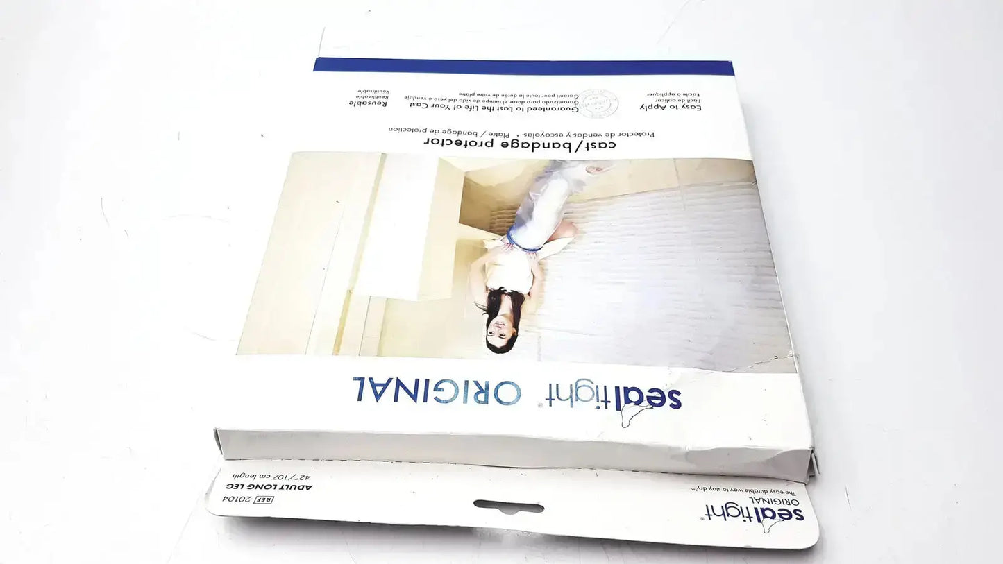 White cardboard box for seal tight original cast bandage protector with blue branding and product imagery for adult long leg 42 inches