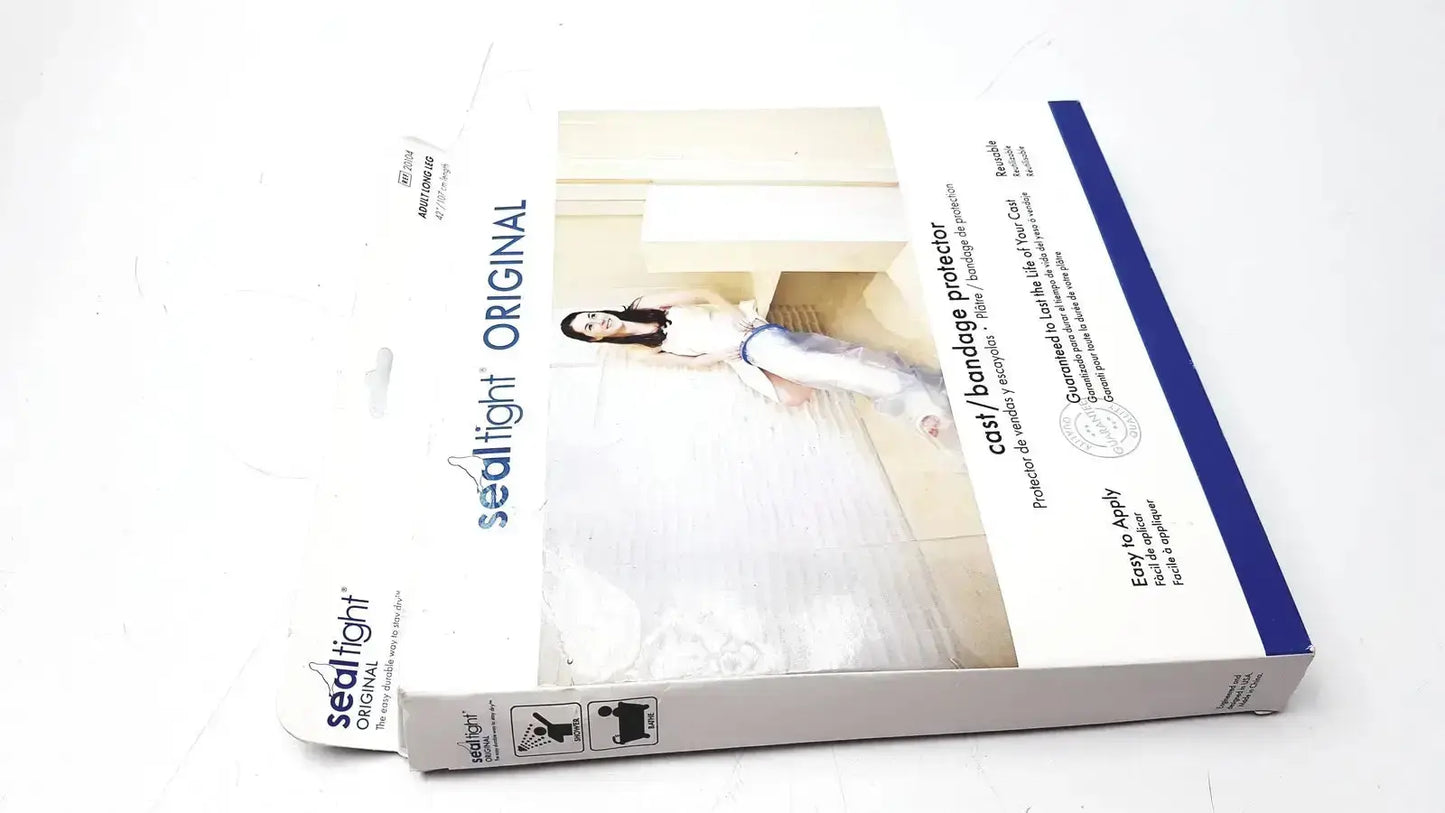 White and blue cardboard box containing seal tight original cast bandage protector for adult long leg 42 inches