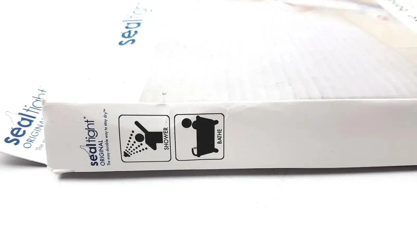 White rectangular box for seal tight original cast bandage protector with black shower and bath safety icons