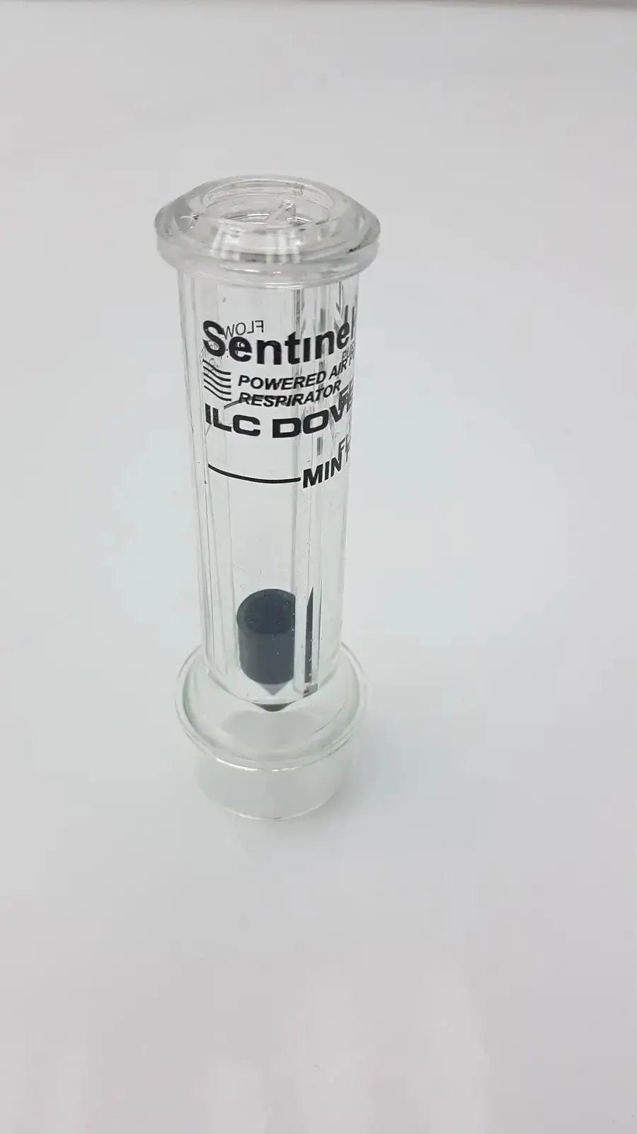 Clear glass sentinel xl ilc dover min flow meter canister with black internal component for powered air respirator