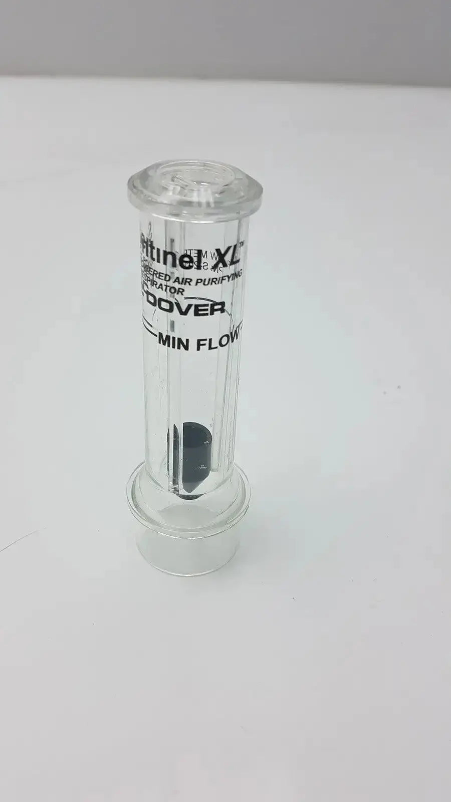 Clear glass sentinel xl ilc dover min flow meter respirator with black internal filter and printed branding