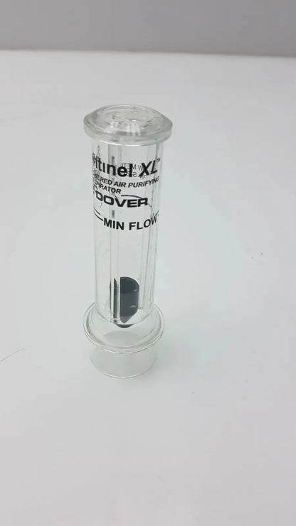 Clear glass sentinel xl ilc dover min flow meter respirator with black internal filter and printed branding