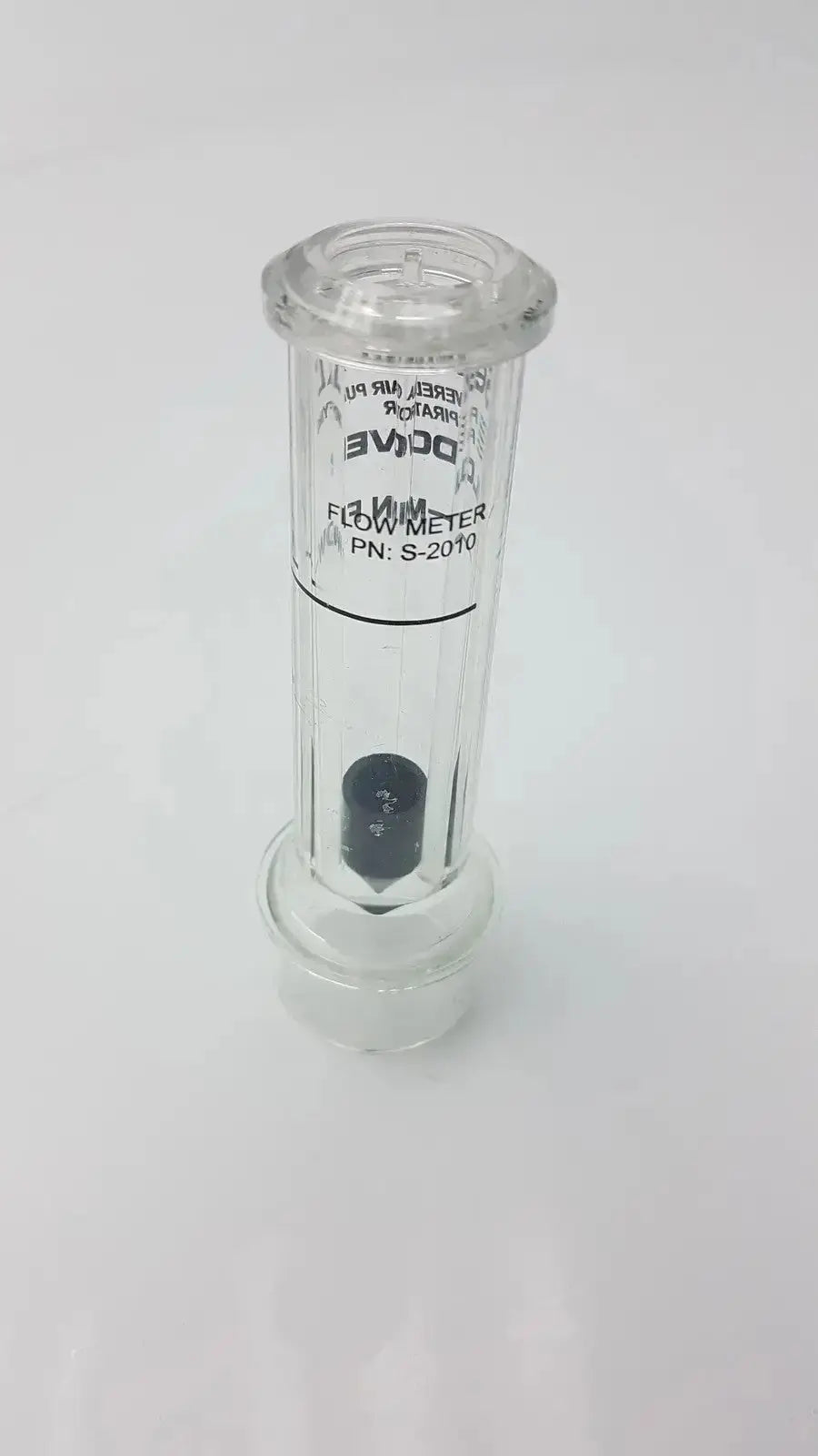 Clear glass flow meter with black internal float and engraved markings for sentinel xl ilc dover min flow meter