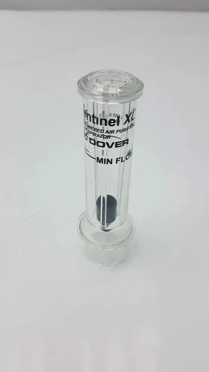 Clear glass cylindrical air purifier with black internal flow meter and printed sentinel xl ilc dover min branding