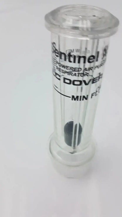 Clear plastic sentinel xl ilc dover min flow meter powered air purifier respirator with black filter and white labeling