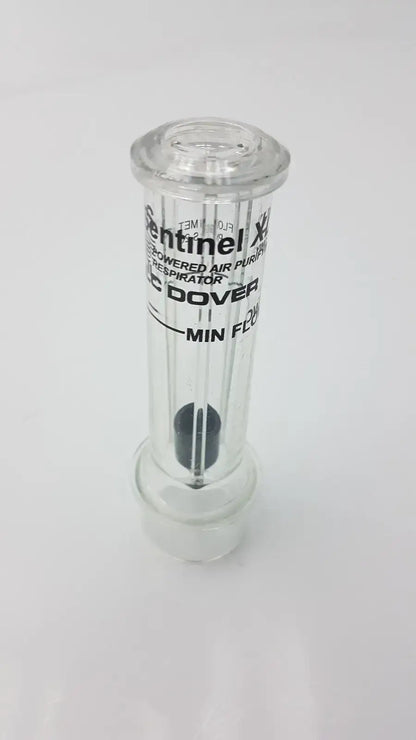 Clear glass cylindrical air purifier respirator with black filter and white sentinel xl ilc dover min flow meter branding