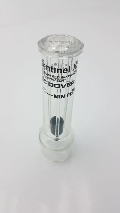 Clear glass cylindrical air purifier respirator with black filter and white sentinel xl ilc dover min flow meter branding