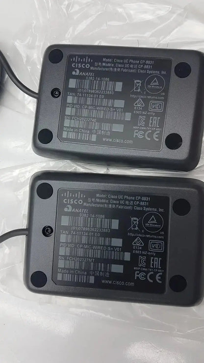 Set of 2 black plastic cisco uc phone cp-8831 power adapters with printed labels for conference phone microphone hospital surplus