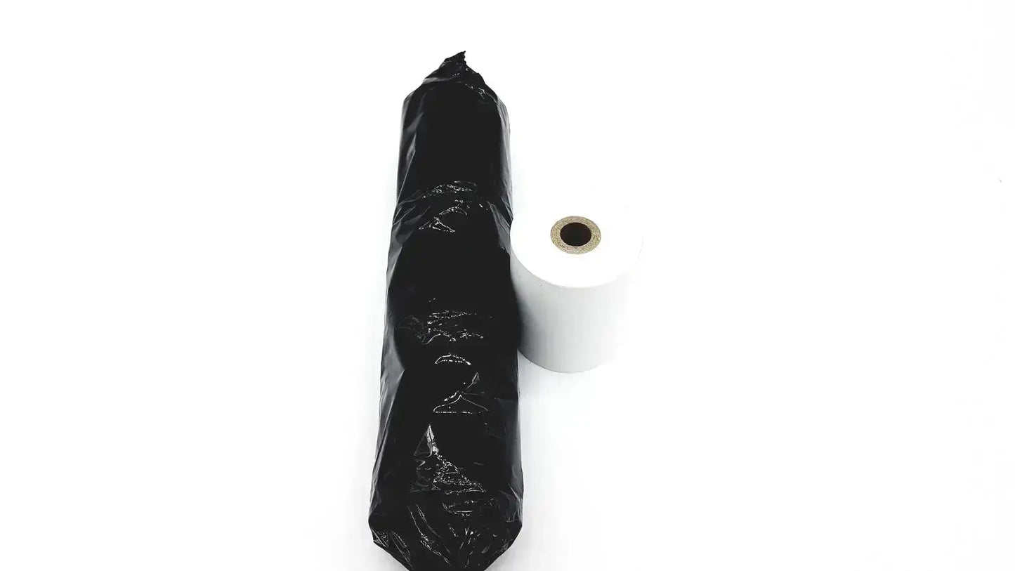Set of 4 thermal register rolls showing a black plastic-wrapped roll and a white unused paper roll for register use