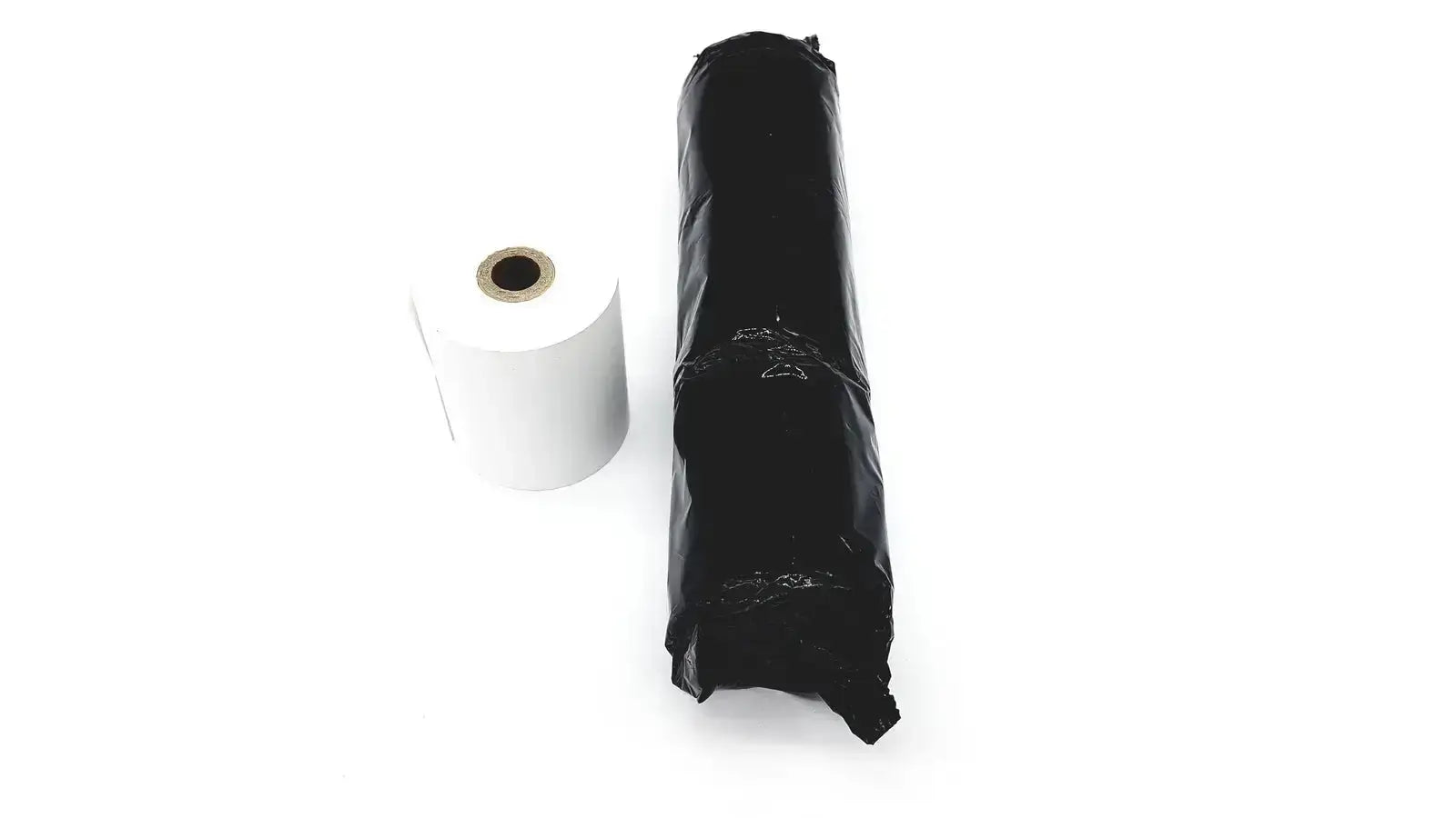 Set of 4 white thermal register rolls next to a black plastic-wrapped item ideal to buy thermal register rolls