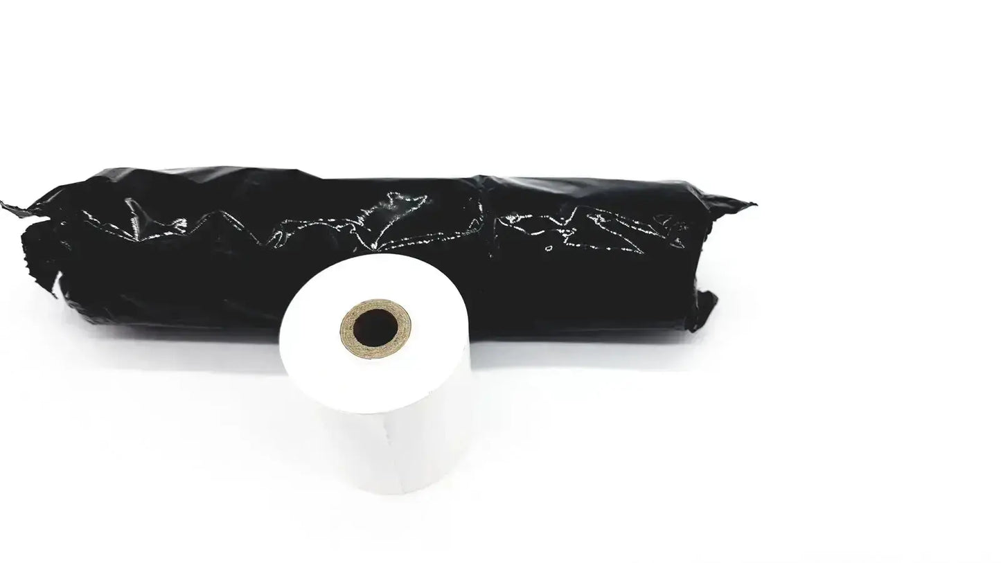 Set of 4 white thermal register rolls with cardboard core wrapped in black plastic packaging to buy thermal register