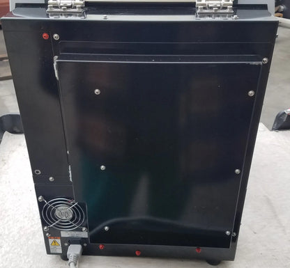 Black industrial-grade shimadzu mce-202 multina microchip electrophoresis system with metallic hinges and base ventilation fan for medical equipment use