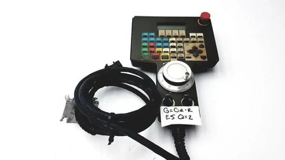 Black siemens cincinnati milacron cnc lathe teach pendant controller with colorful keys, rotary dial, and red emergency stop button