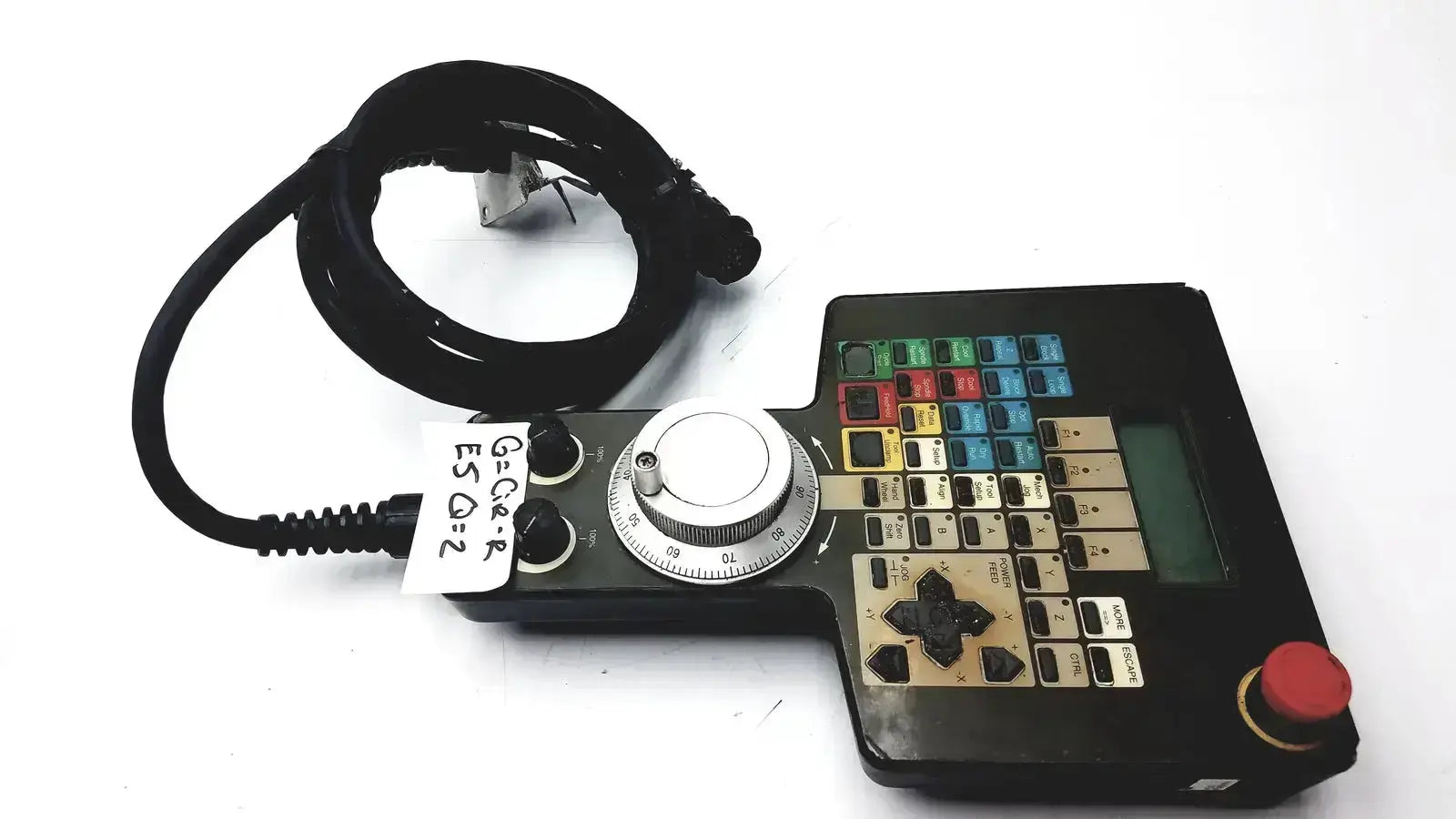 Black Siemens Cincinnati Milacron CNC lathe teach pendant controller with silver rotary dial and colorful function keys