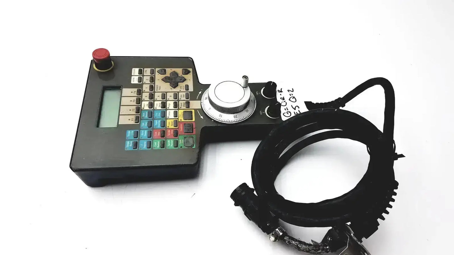 Black Siemens Cincinnati Milacron CNC lathe teach pendant controller with red emergency button and colorful function keys