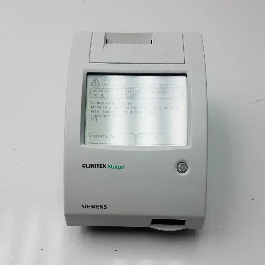 Siemens clinitek status white plastic medical analyzer with digital display and paper output slot for diagnostic use