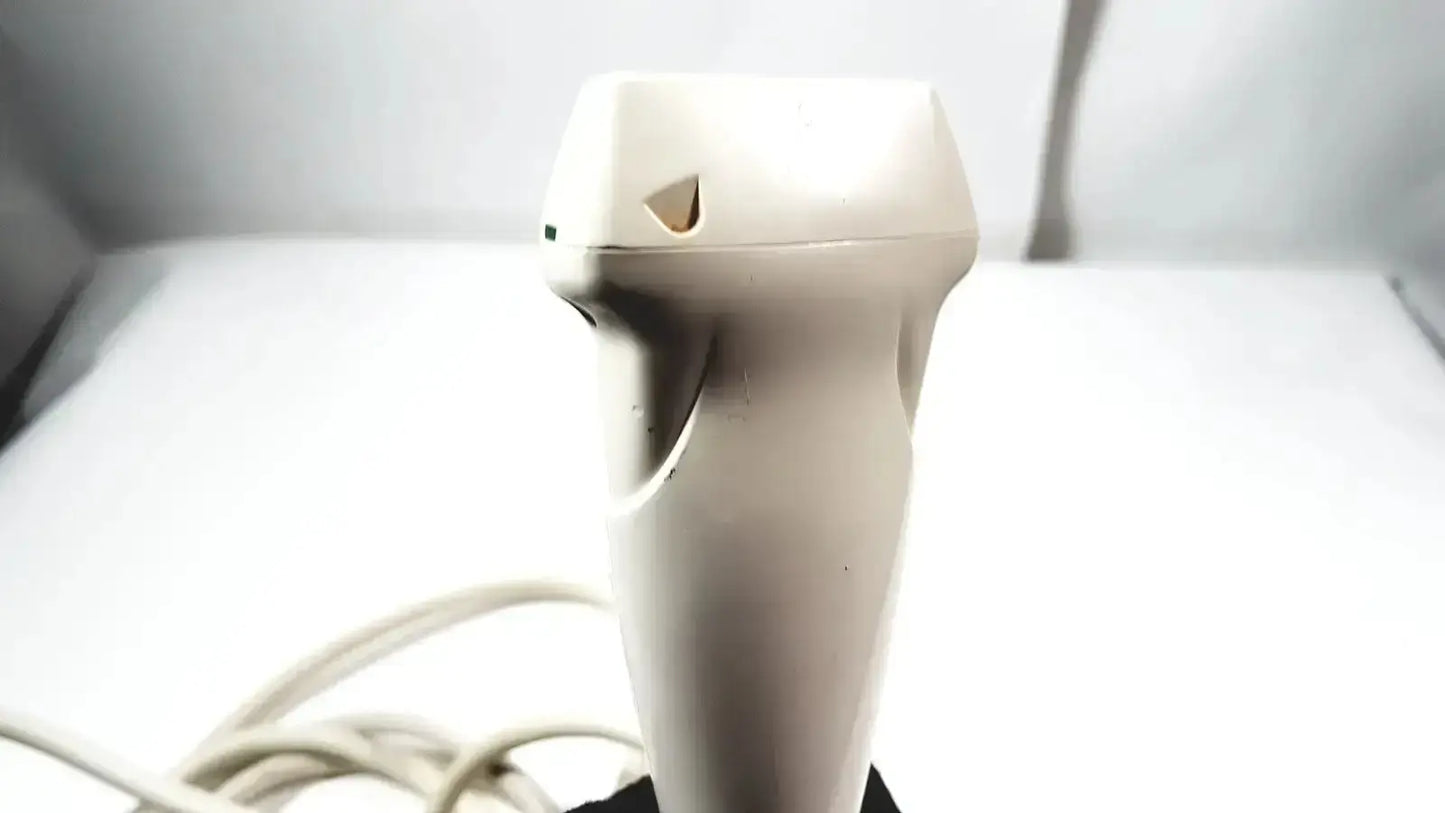 Off-white plastic handheld barcode scanner with coiled cable compatible with siemens la435 transducer and acuson p300 ultrasound