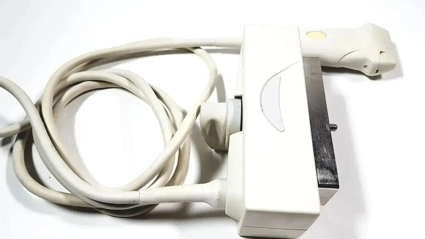 Siemens LA435 transducer probe for Acuson P300 portable ultrasound with white ergonomic handle and coiled cable