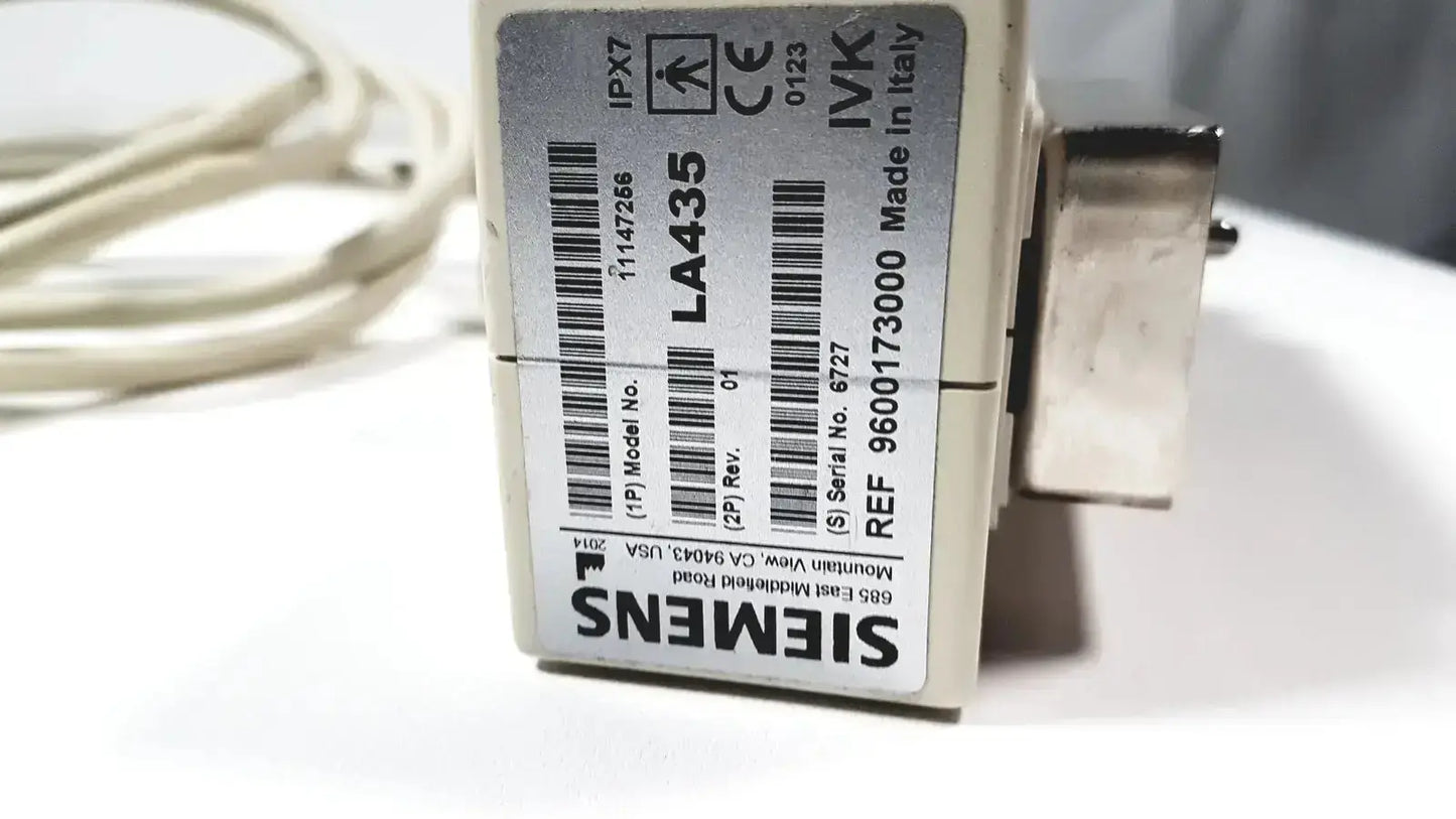 Siemens la435 transducer probe with beige plastic housing and metallic bracket for acuson p300 portable ultrasound