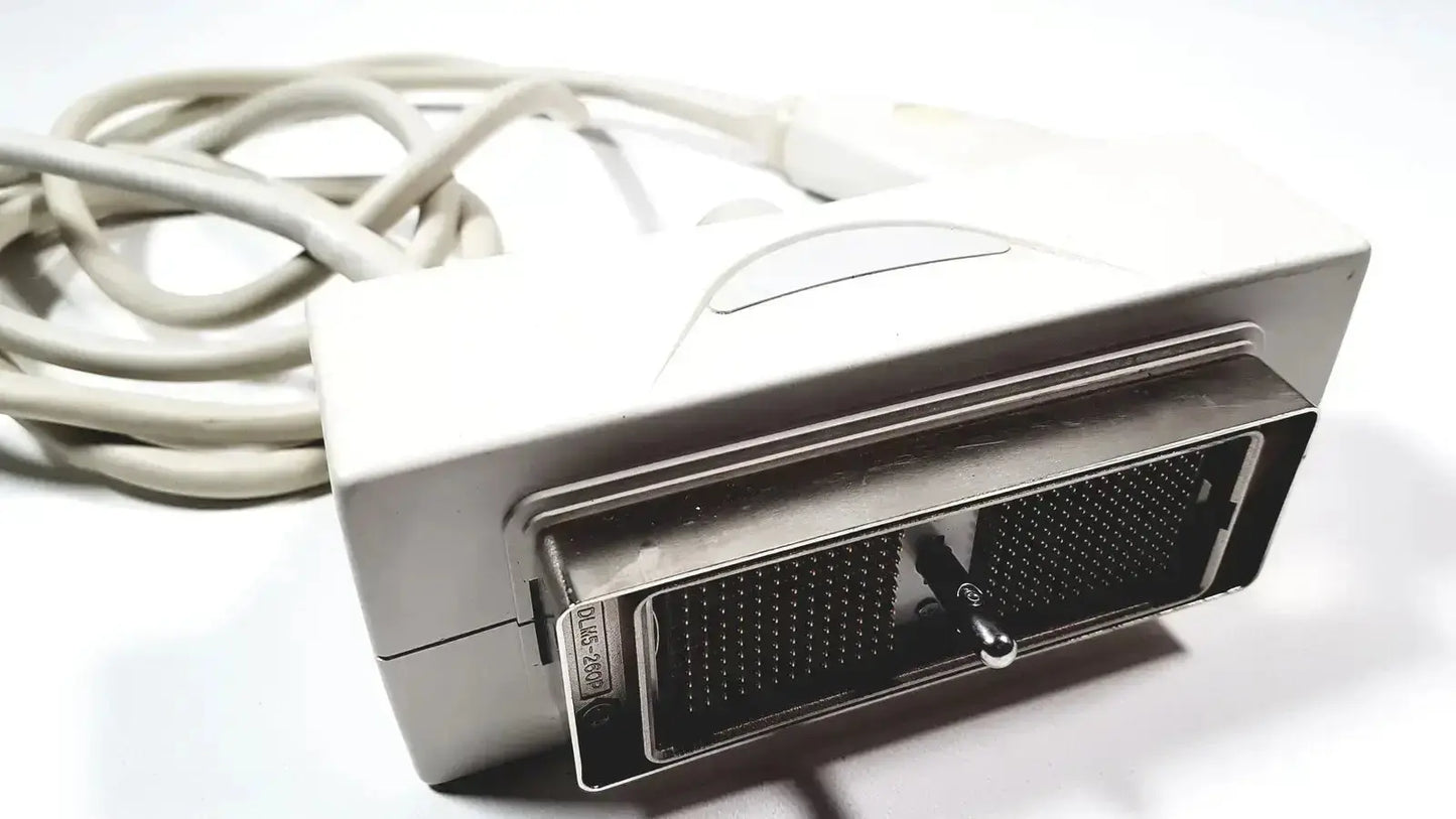White plastic dvi-i digital video adapter with coiled cable for siemens la435 transducer used with acuson p300 ultrasound
