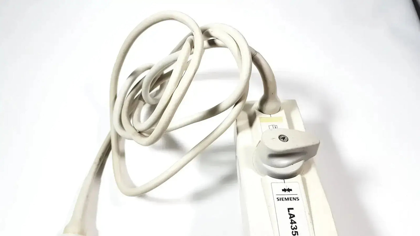 Beige siemens la435 transducer probe with coiled cable and white connector for acuson p300 portable ultrasound