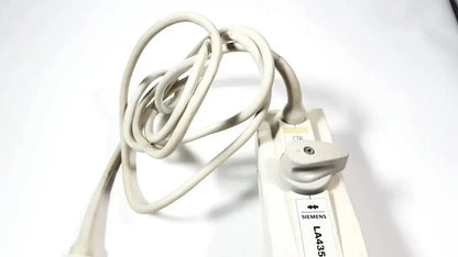 Beige siemens la435 transducer probe with coiled cable and white connector for acuson p300 portable ultrasound