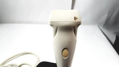 Cream-colored plastic siemens la435 transducer probe with rounded head and oval power button for acuson p300 ultrasound
