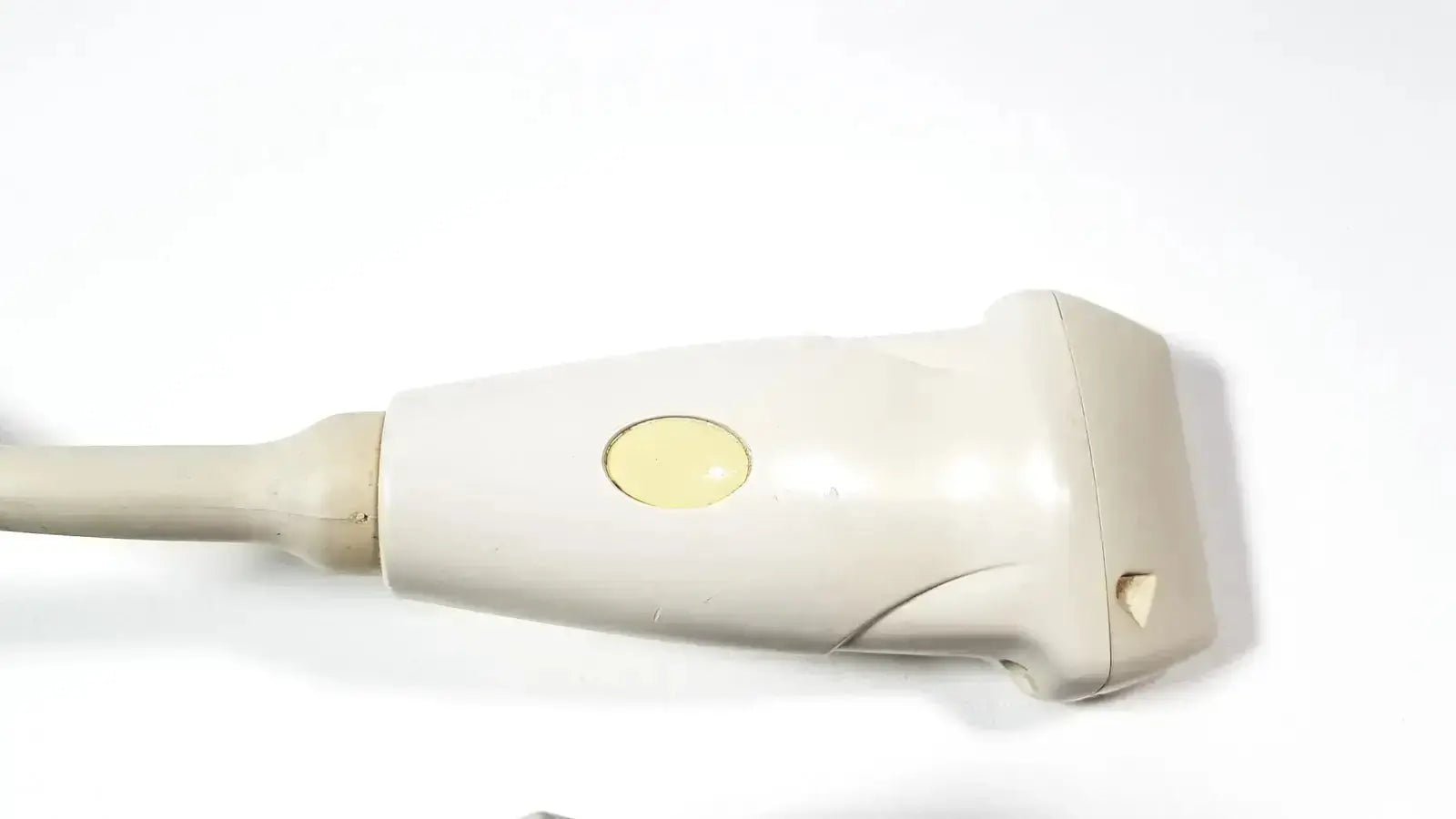 Beige siemens la435 transducer probe with yellow button and molded plastic housing for acuson p300 portable ultrasound