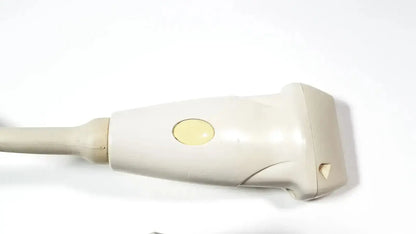 Beige siemens la435 transducer probe with yellow button and molded plastic housing for acuson p300 portable ultrasound