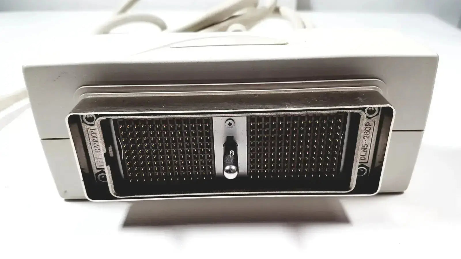 Silver-gray metal siemens la435 transducer with black perforated panel and toggle switch for acuson p300 ultrasound