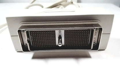 Silver-gray metal siemens la435 transducer with black perforated panel and toggle switch for acuson p300 ultrasound